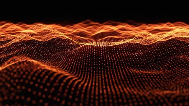 Abstract digital landscape with glowing orange particles on a dark background