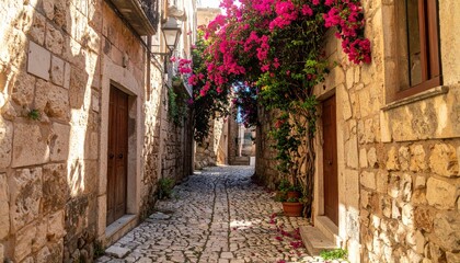 Obraz premium Charming European Alleyway with Blooming Pink Flowers and Cobblestone Path