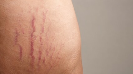 Fototapeta premium Close up of red stretch mark on smooth skin showing natural skin condition detail and texture
