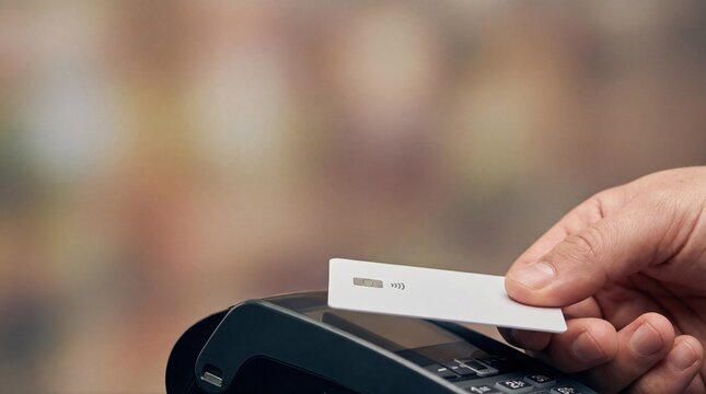 Hand holding blank contactless payment card near terminal creates cashless transaction concept for retail checkout banking fintech security modern shopping customer purchase convenience