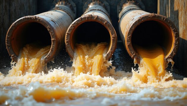 Industrial metal pipes pour yellow toxic waste into river water. Dirty sludge flows from large rusty drainage tubes. Environmental pollution scene shows contaminated brown liquid discharge. Chemical