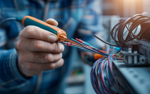 Skilled technician fixing electrical wiring with screwdriver in workshop