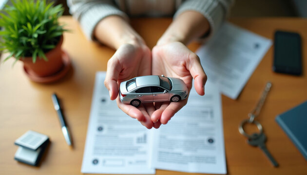 Person holds small silver car model over paper lease contract agreement on wooden office desk. Pro signs auto deal documents for vehicle purchase. Sales agent calculates bank loan monthly payment for