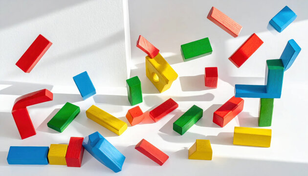 Colorful Wooden Building Blocks Scattered and Falling in a Bright Studio Setting Demonstrating Playful Childhood Learning