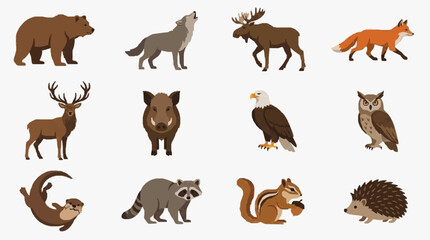 Obraz premium Modern Illustrated Collection of 12 Diverse Forest Animals in Earthy Brown and Neutral Tones Icons