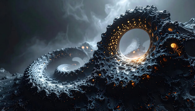 A Colossal Textured Tentacle with Glowing Orifices Emerges From Dark Misty Depths