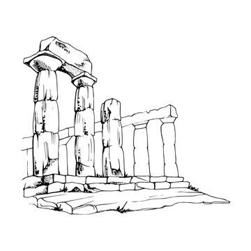 Temple columns portico, crumbled limestone stairs, ancient Greece and Rome architectural landmark. Hand drawn pencil illustration. Archaeology conference materials, Mediterranean heritage organization