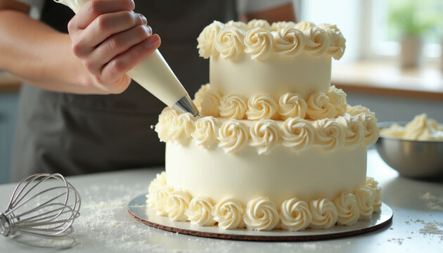 Baker decorates white two tier cake with frosting roses using pastry bag. Artisan chef prepares sweet wedding dessert in kitchen. Pro culinary skill creates delicious birthday treat with cream icing