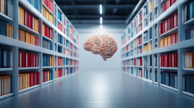 Human brain with circuitry pattern floating in modern library aisle aisle