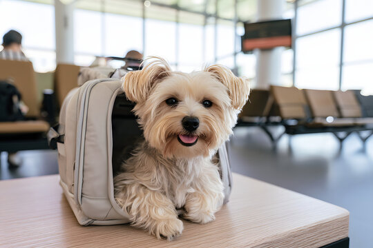 空港でキャリーケースに入るヨークシャーテリア ペットと旅行する犬