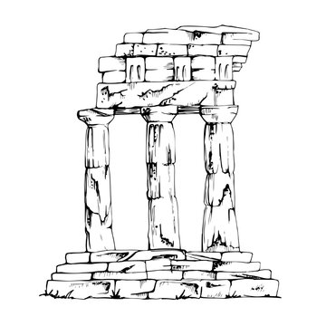 Temple columns portico, crumbled limestone stairs, ancient Greece and Rome architectural landmark. Hand drawn pencil illustration. Archaeology conference materials, Mediterranean heritage organization