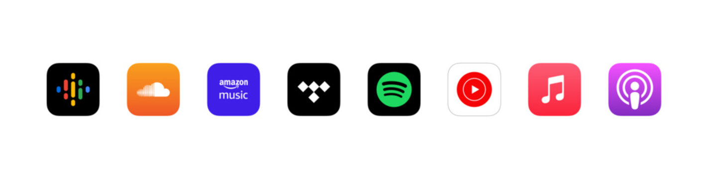Streaming music podcast app logo icons set soundcloud, spotify, youtube music, Apple Podcasts collection
