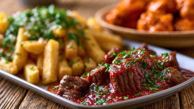 Succulent beef chunks in rich sauce with crisp fries and garnished parsley on rustic wood table