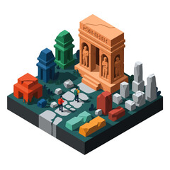 Obraz premium Colorful modular futuristic LEGO diorama with ancient temple ruins and miniature figures, concept for creative play, educational STEM projects, architectural modeling, and hobbyist collections