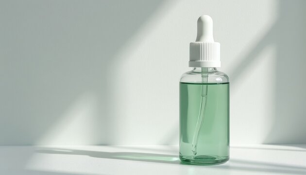 Clear glass bottle with white dropper lid contains green liquid serum. Empty cosmetic vial stands on white surface against bright background with soft shadows. Glass container represents natural