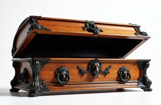 Ornate antique wooden coffin features metal lion head handles and decorative elements. Its open lid reveals a dark interior, symbolizing history, craftsmanship, and traditions.