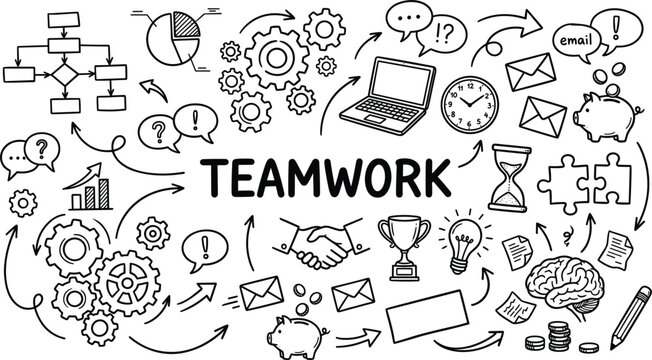 Business Teamwork and Corporate Strategy Concept Element Set Featuring Gears Flowchart Laptop Handshake Puzzle and Project Management Icons Hand Drawn Doodle Vector Illustrations
