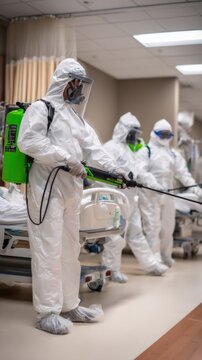 Team in hazmat suits disinfecting hospital rooms with sprayers. Team of professionals wearing full protective suits respirators are disinfecting hospital ward using specialized spraying equipment