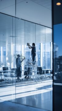 Professional cleaners meticulously wash large glass windows in a modern office space. Two uniformed workers use cleaning tools and a ladder to ensure the office windows are spotless and streak-free