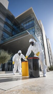 Cleaning crew in hazmat suits handling hazardous waste containers outside office building. Two workers wearing full protective gear and respirators carefully manage large drums of waste outside