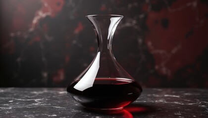 Obraz premium Elegant glass decanter holds red wine on dark marble table. Transparent container modern shape with deep liquid inside. Luxury beverage sits against blurred abstract background. Stylish kitchen