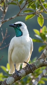 Bali myna bird perched on a branch displaying vibrant turquoise facial skin and pristine white feathers in a cinematic motion footage clip captured with high definition clarity showing the creature vo