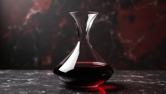 Elegant glass decanter holds red wine on dark marble table. Transparent container modern shape with deep liquid inside. Luxury beverage sits against blurred abstract background. Stylish kitchen