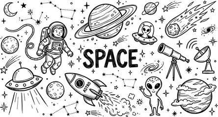Outer Space Astronomy and Science Fiction Element Set Featuring Astronaut Rocket Saturn Alien UFO Telescope and Galaxy Stars Hand Drawn Doodle Vector Icons © riham