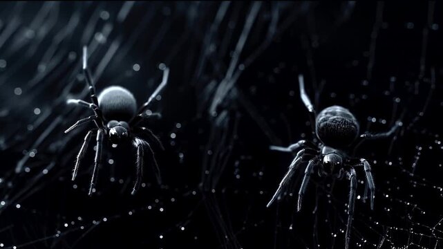 Close-up of spiders on dew-covered webs in a spooky, dark setting for Halloween themes.