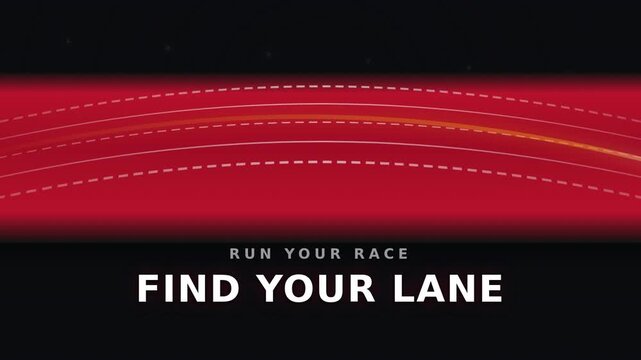 Aerial tracking shot along curved running track lanes. Glowing light streak races forward. Text overlay Find Your Lane