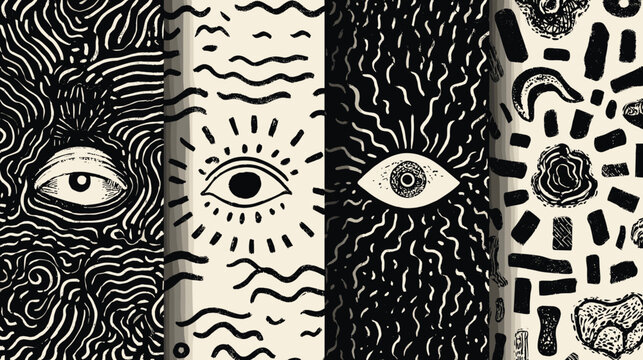 Abstract Black and White Eye Patterns with Wavy Lines and Unique Graphic Designs
