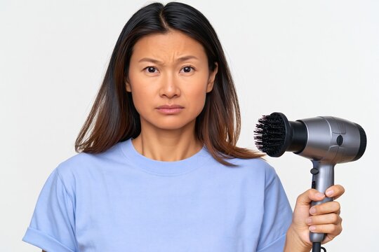 Serious Asian woman holding hair dryer with attachment, portrait on white background.