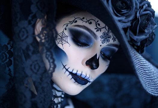 Woman dressed as La Catrina for Day of the Dead with sugar skull makeup