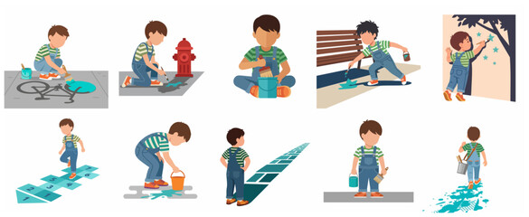 Fototapeta premium Set of vector illustrations of a little boy painting and drawing with blue paint outdoors, creative child character in various poses.