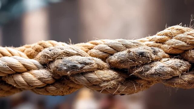 Close-up macro view of thick natural fiber rope texture with blurred background for design.