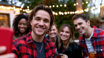 Fototapeta premium Group of five smiling friends outdoors, capturing a selfie with string lights in background at twilight