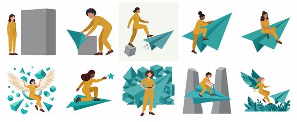 Fototapeta premium Set of Flat Vector Illustrations with Woman and Paper Planes Representing Startup, Growth, and Success Concepts