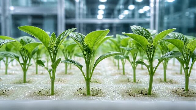 Young plant seedlings in indoor farm and greenhouse with innovation, fresh green growth, bright green growth for SEO title