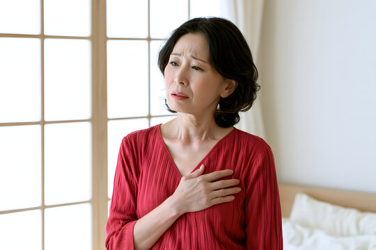 胸の痛みを訴えるシニア女性 健康不安と体調不良のイメージ
