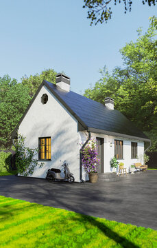 Modern White Country Cottage with Black Roof and Moped Outdoor
