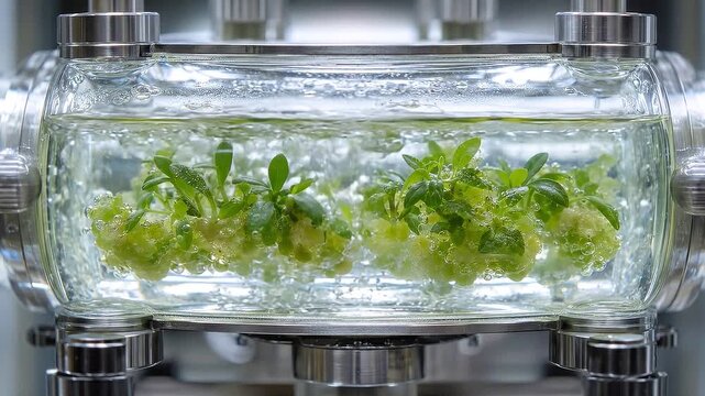 Sustainable biotechnology plant culture in glass bioreactor with green leaf growth and tissue bubbles in sterile laboratory environment