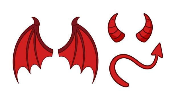 Red devil wings horns and tail cartoon vector set