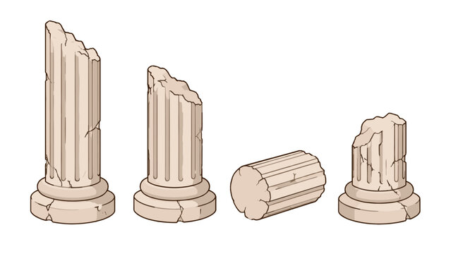 Set of broken classical stone columns in flat vector style