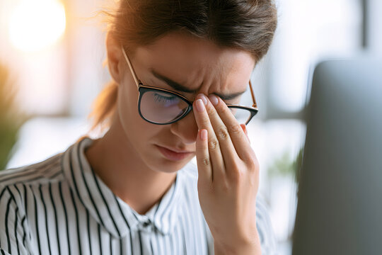 目の疲れに悩む女性 パソコンやスマートフォンによる眼精疲労