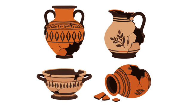 Set of cracked ancient ceramic pots and amphora illustrations