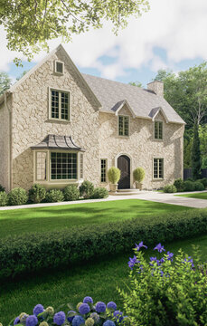 Beautiful traditional stone cottage with a blooming summer garden