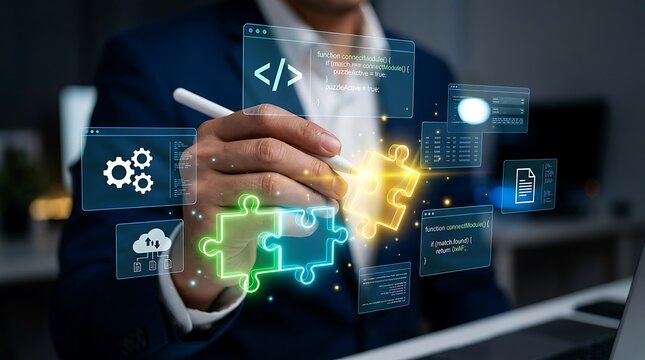 Professional developer using digital interface to assemble software puzzle pieces and optimize code architecture for modern business application development projects