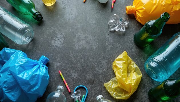 Assorted plastic waste, discarded glass bottles lie on textured gray background. Colorful trash including empty bags straws containers creates border frame. Polluted environment concept with non