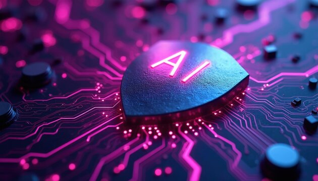 AI shield symbol on circuit board. Digital protection, network security, computer system defense. Tech innovation, data safety, cyberspace privacy. Future cyber war concept.
