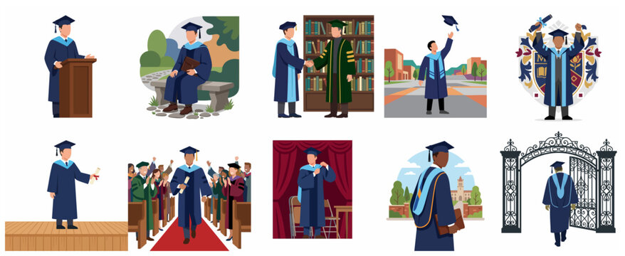 Flat Illustration Set of Various Graduation Ceremony Moments with Male Student in Gown and Cap